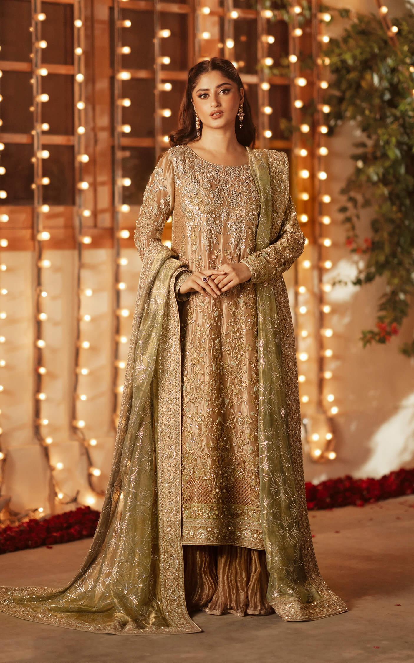 Pakistani Rose Gold Embroidered Silk-Blend Sharara (3-Piece) - Image 1