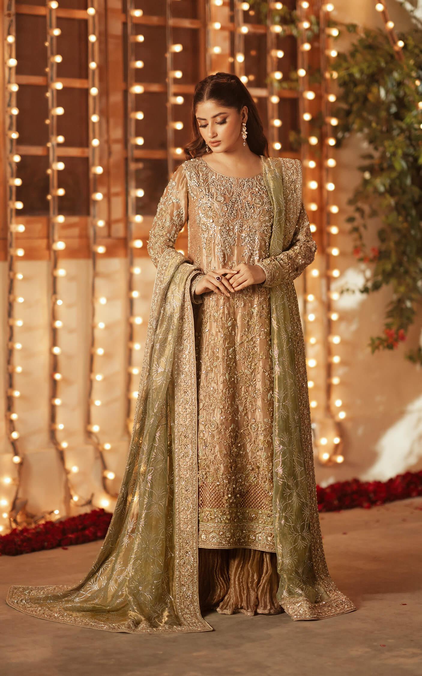 Pakistani Rose Gold Embroidered Silk-Blend Sharara (3-Piece) - Image 2