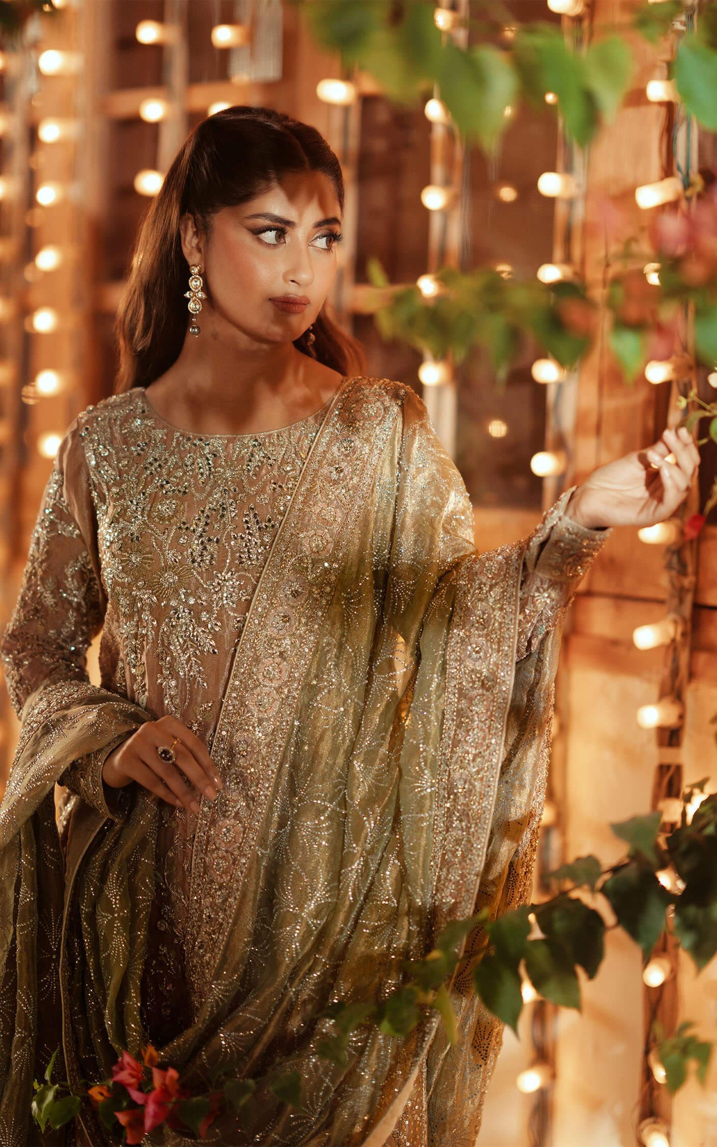 Pakistani Rose Gold Embroidered Silk-Blend Sharara (3-Piece) - Image 9