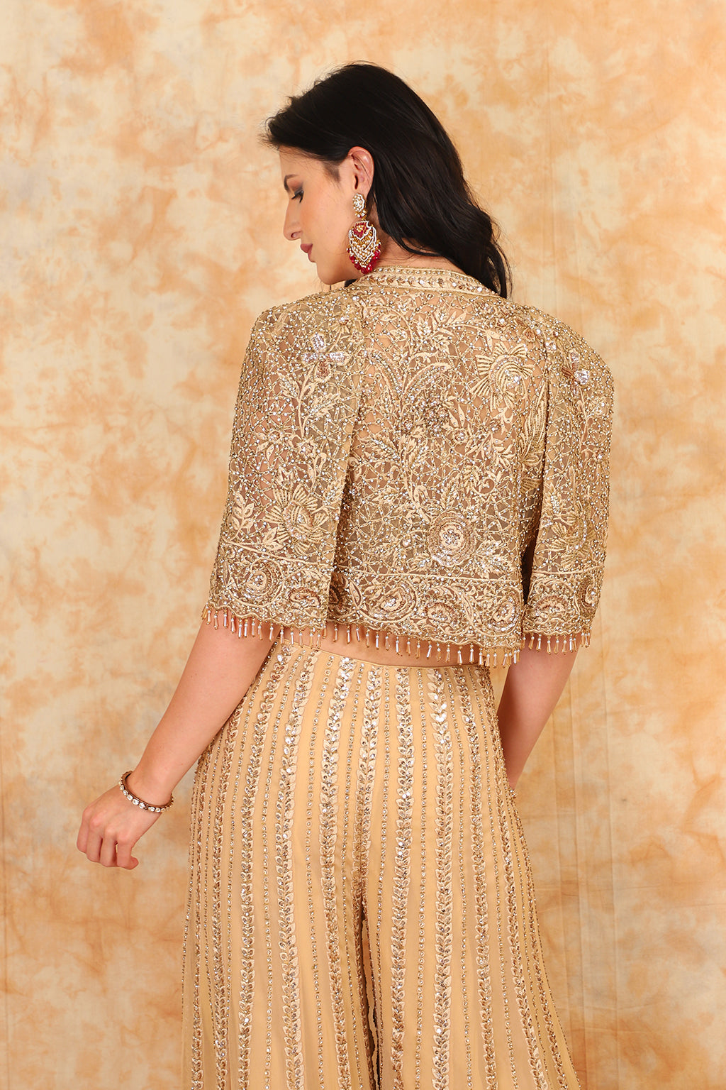 Pakistani Gold Embroidered Net & Foil Georgette Sharara (3-Piece) - Image 5