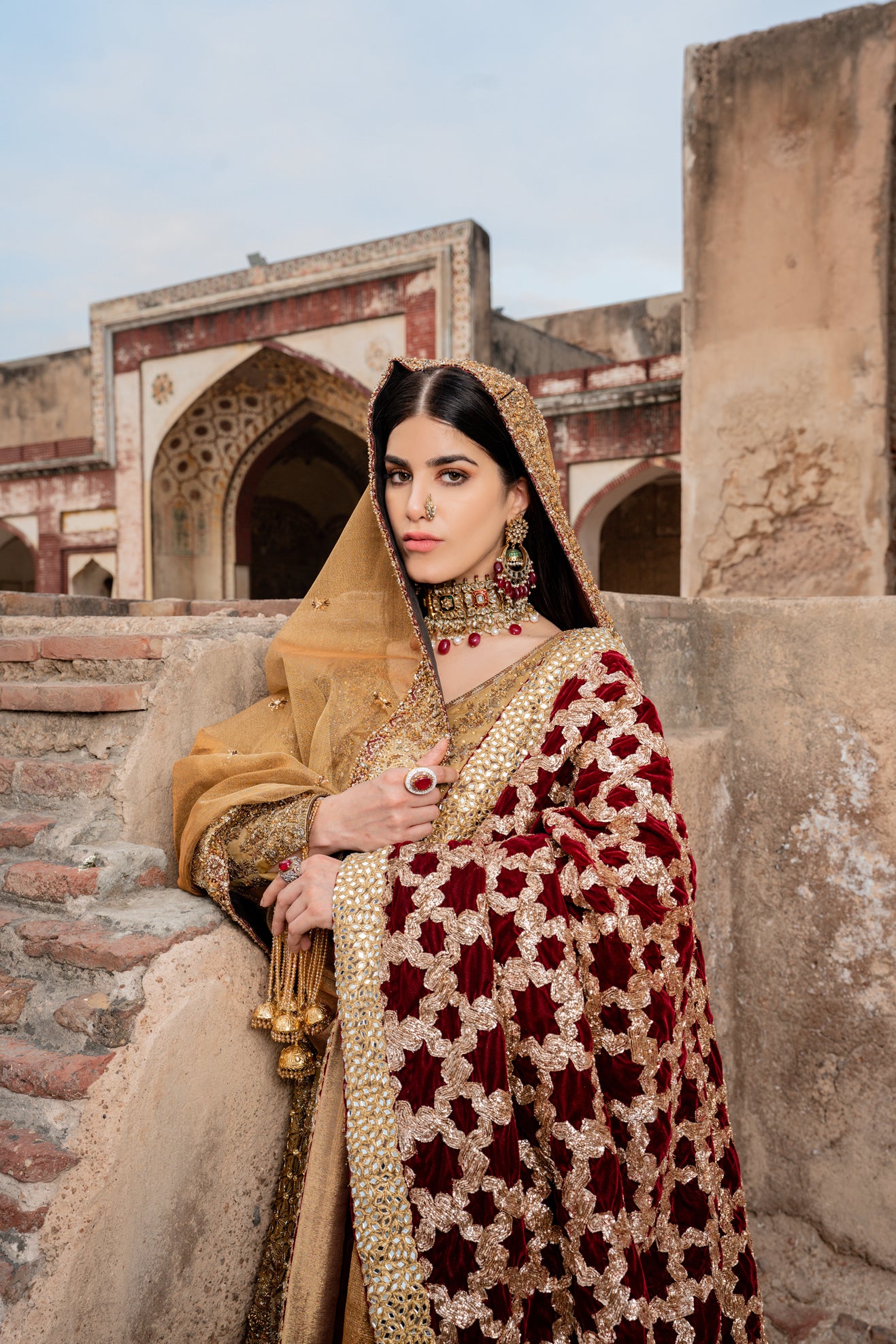 Rusted Gold Embellished Organza Peplum Sharara (3-Piece) - Image 3