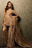 Pakistani Nude Gold Embellished Net Peplum Sharara (3-Piece) - Image 4
