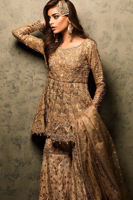 Pakistani Nude Gold Embellished Net Peplum Sharara (3-Piece) - Image 5