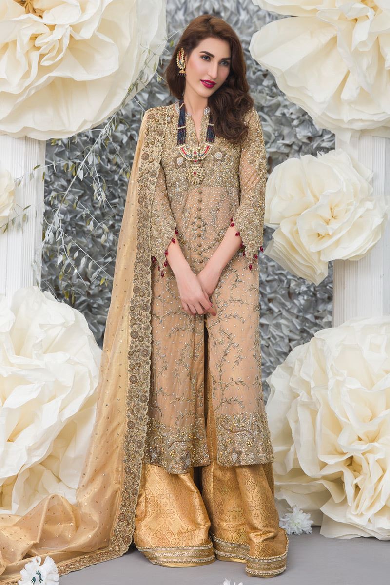 Pakistani Gold Zardozi Net Sharara Set (3-Piece) - Image 1