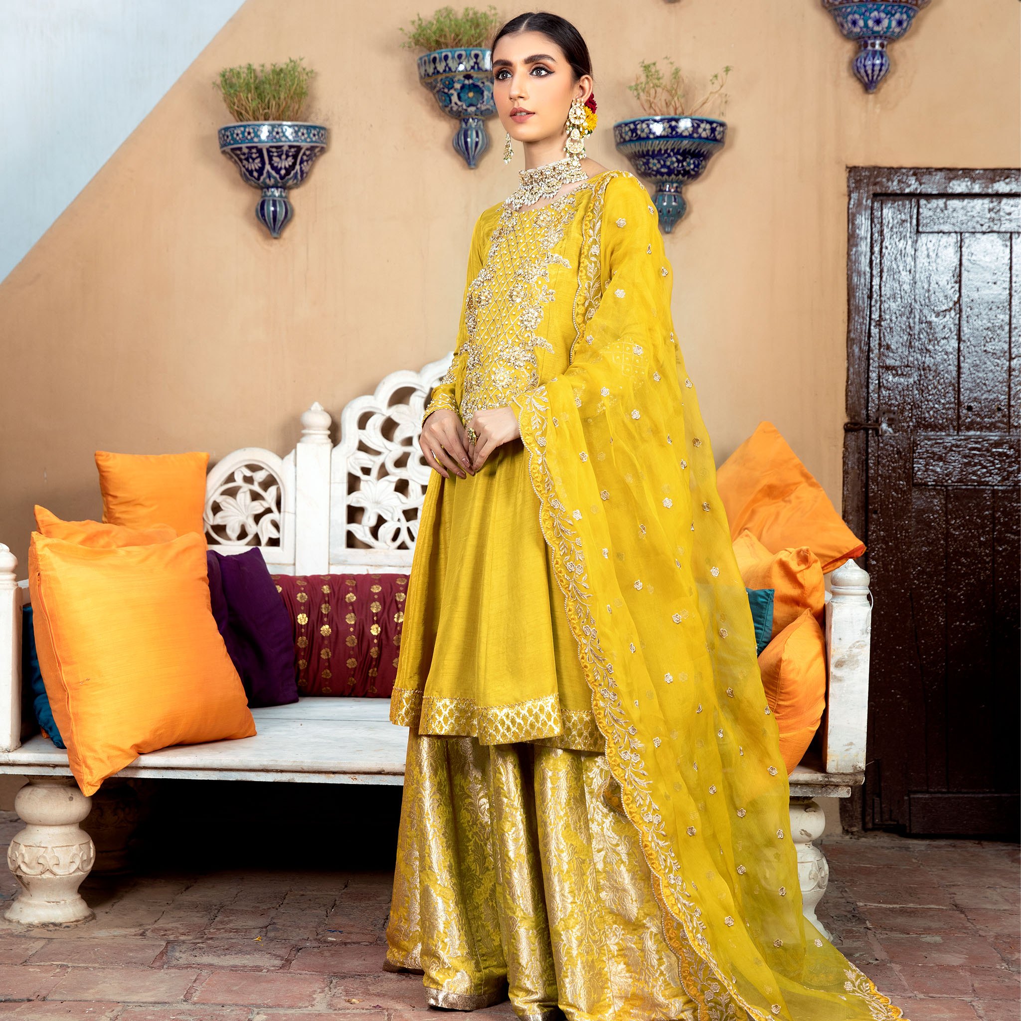 Pakistani Gold Embellished Mikado Silk Pishwas Dress (3-Piece) - Image 1