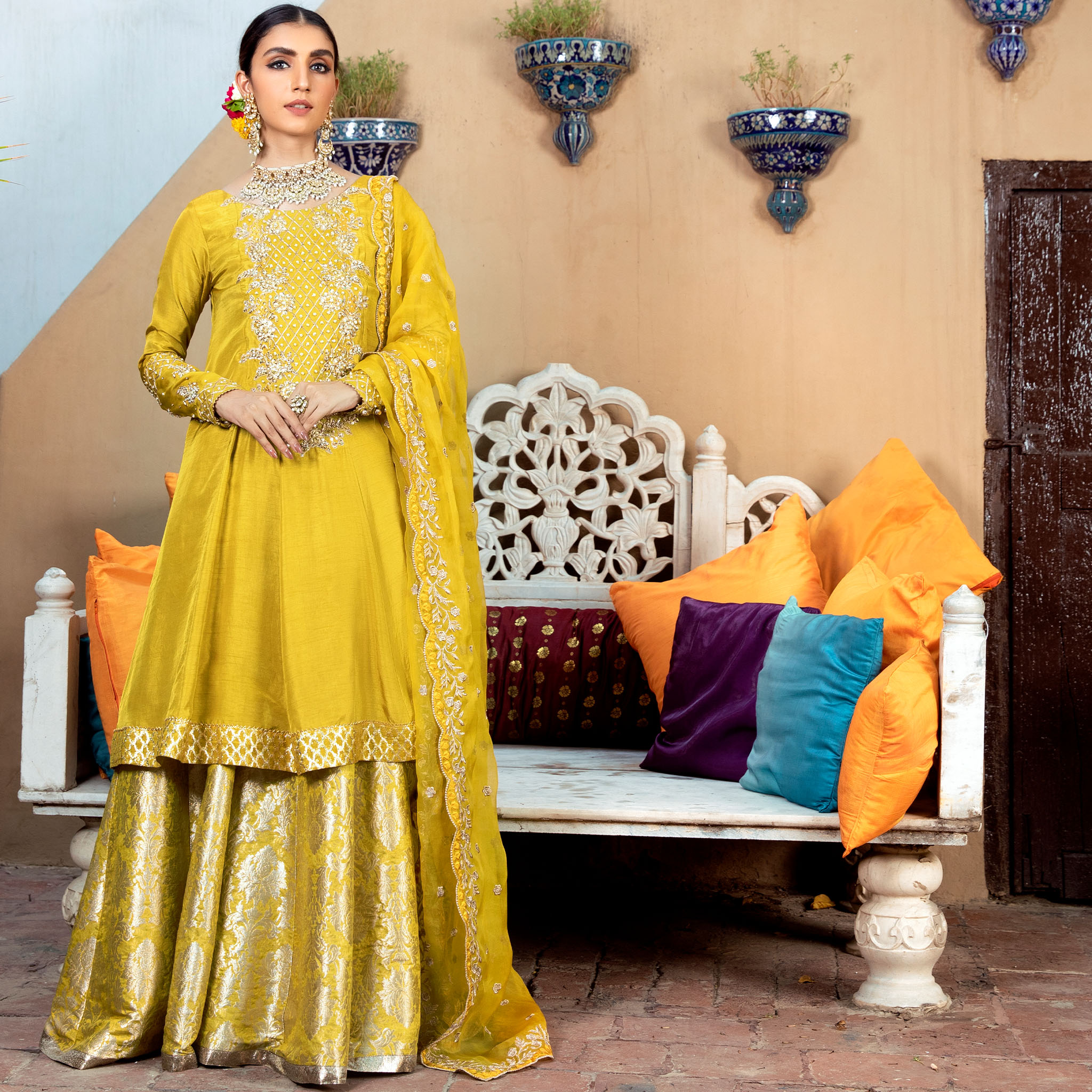 Pakistani Gold Embellished Mikado Silk Pishwas Dress (3-Piece) - Image 2