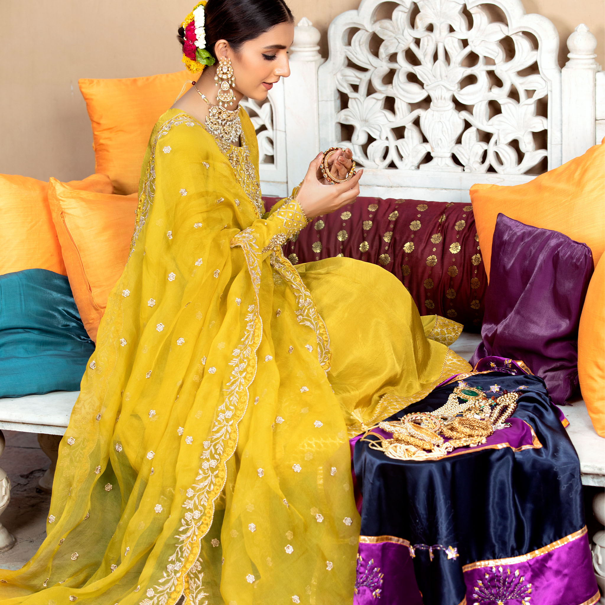 Pakistani Gold Embellished Mikado Silk Pishwas Dress (3-Piece) - Image 4