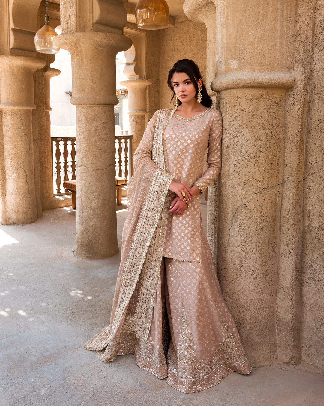 Rose Gold Embroidered Karandi Sharara Dress (3-Piece) - Image 1