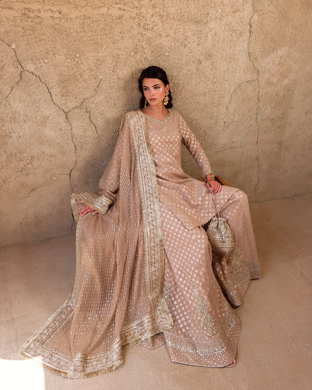 Rose Gold Embroidered Karandi Sharara Dress (3-Piece) - Image 2
