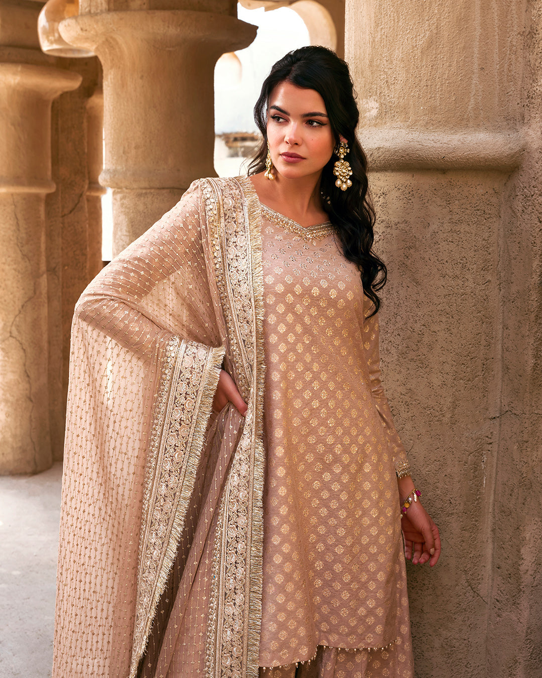 Rose Gold Embroidered Karandi Sharara Dress (3-Piece) - Image 3