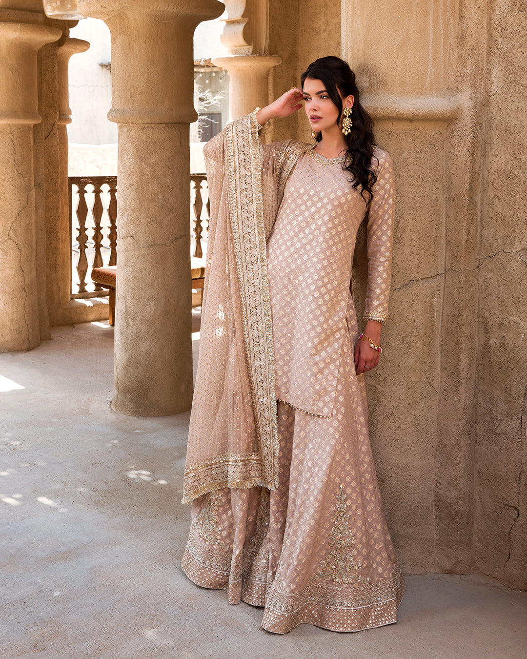 Rose Gold Embroidered Karandi Sharara Dress (3-Piece) - Image 4
