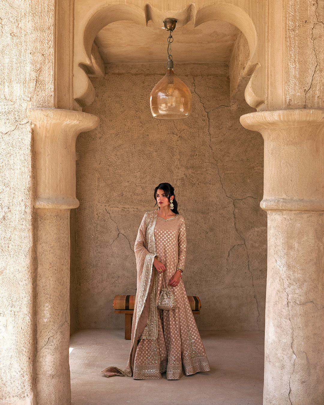 Rose Gold Embroidered Karandi Sharara Dress (3-Piece) - Image 5
