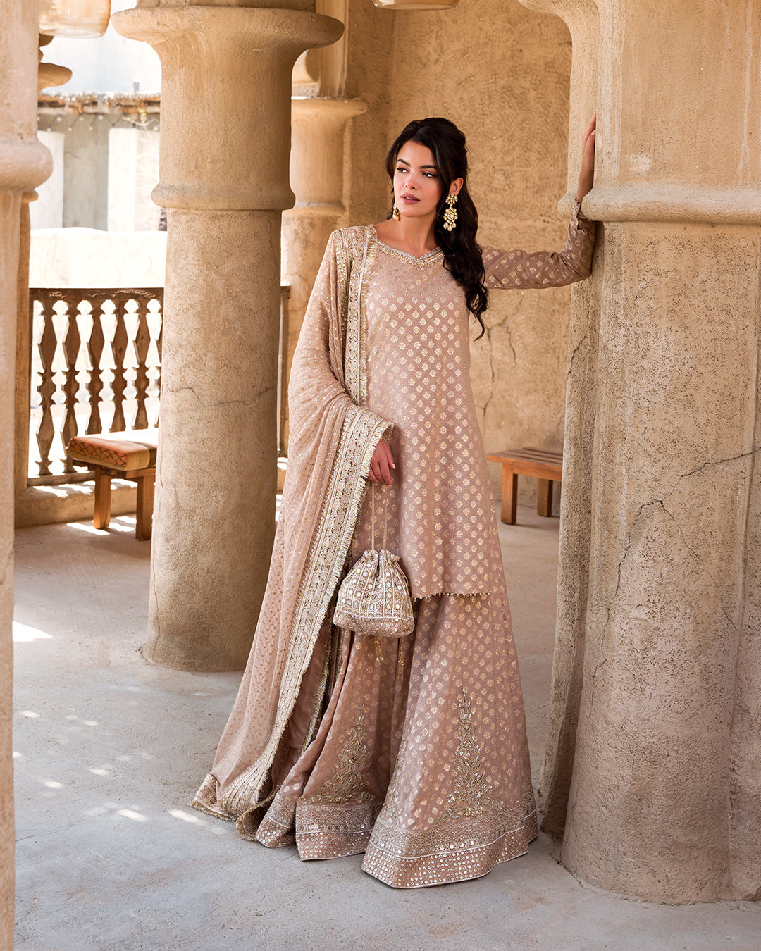 Rose Gold Embroidered Karandi Sharara Dress (3-Piece) - Image 6