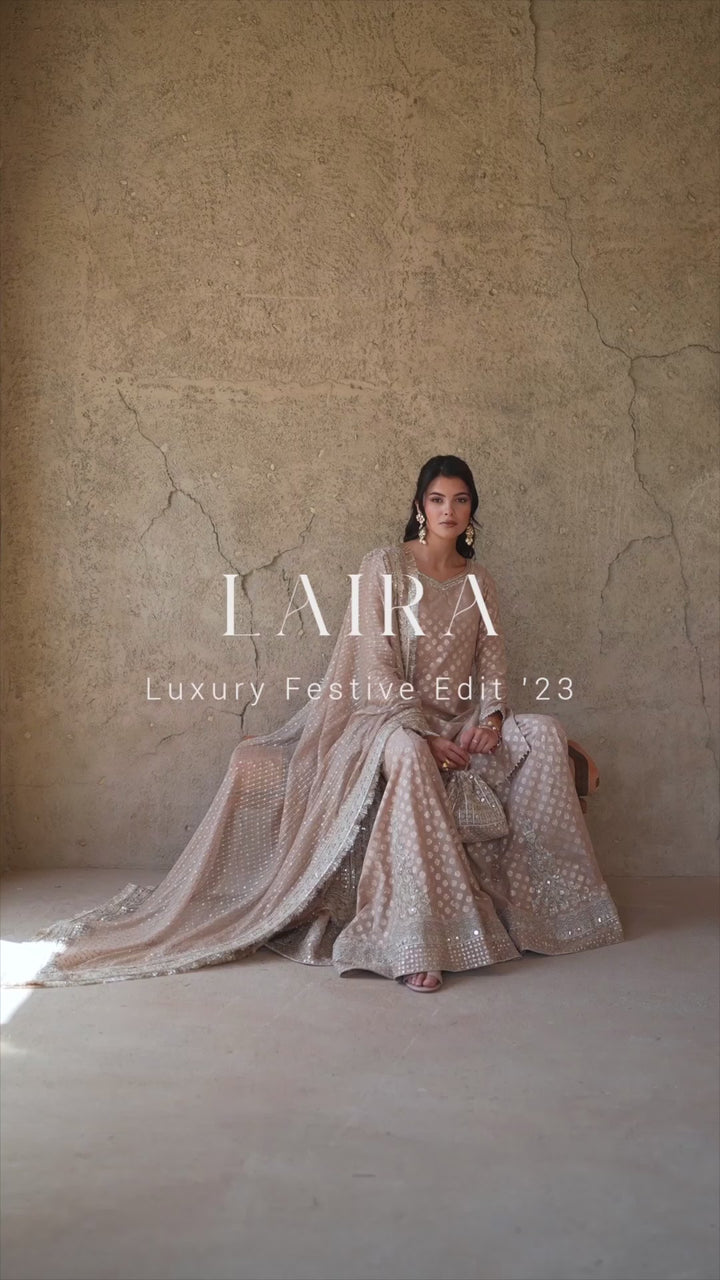 Pakistani Rose Gold Embroidered Karandi Sharara (3-Piece) - Image 7