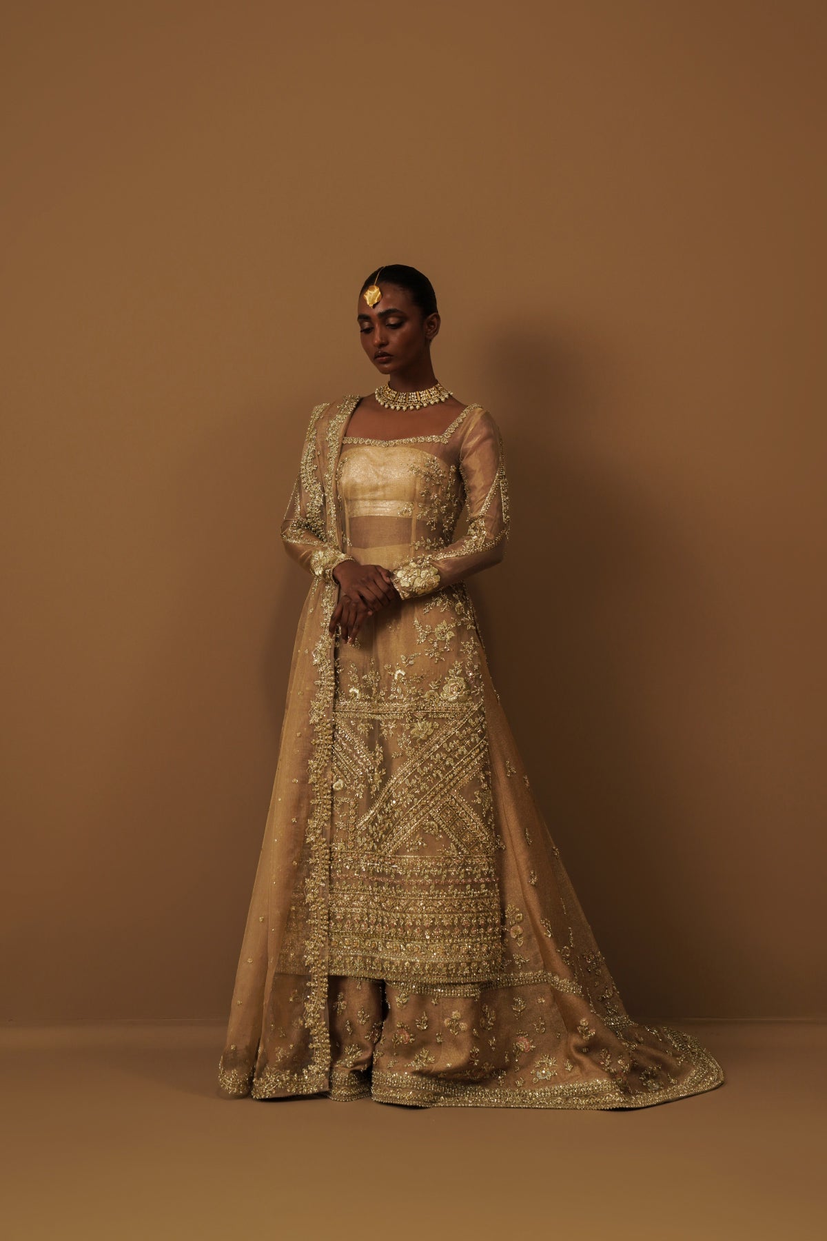 Gold Zardozi Tissue Bridal Sharara (3-Piece) - Image 1