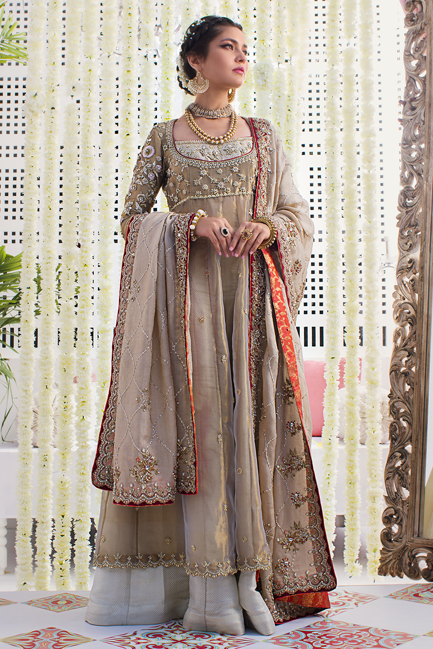 Pakistani Rose Gold Embroidered Maysuri Peshwas (3-Piece) - Image 1