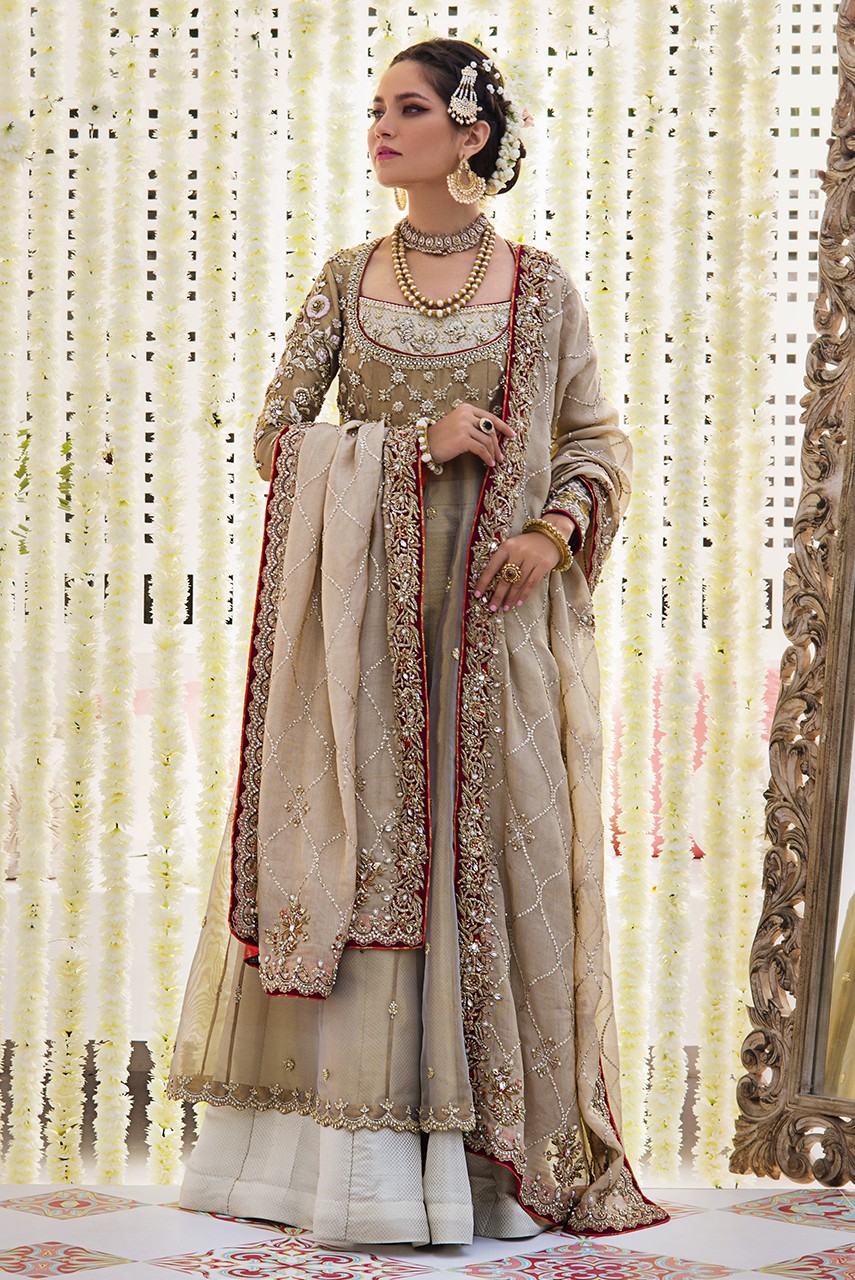 Pakistani Rose Gold Embroidered Maysuri Peshwas (3-Piece) - Image 2