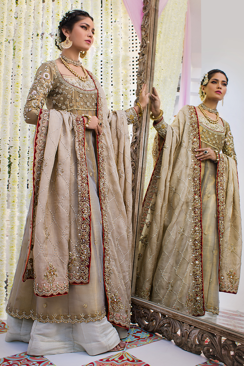 Pakistani Rose Gold Embroidered Maysuri Peshwas (3-Piece) - Image 4