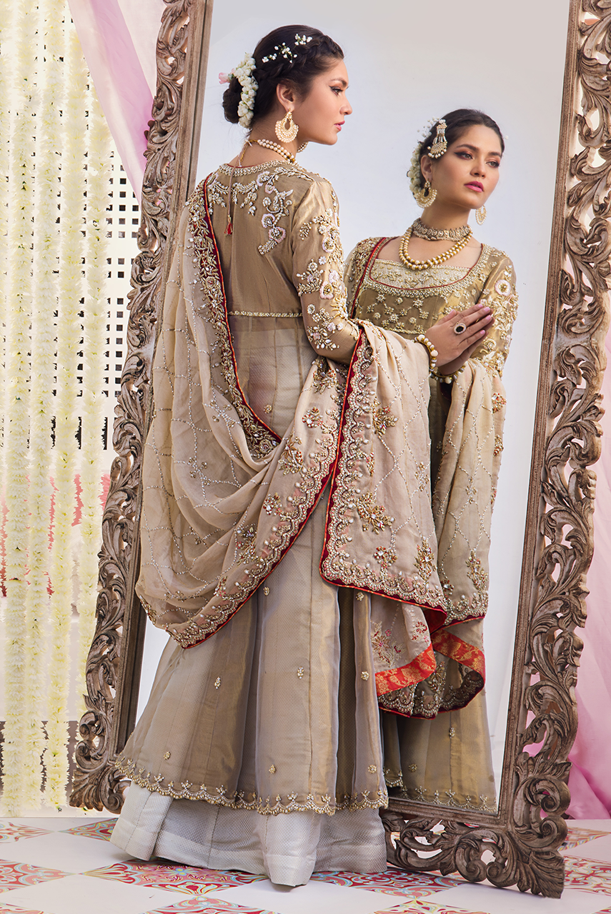 Pakistani Rose Gold Embroidered Maysuri Peshwas (3-Piece) - Image 5