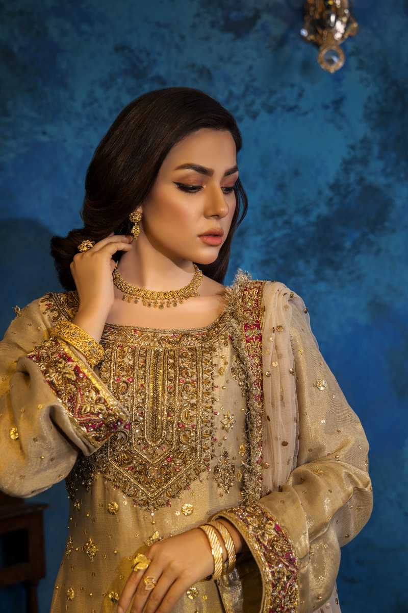 Pakistani Pastel Gold Embellished Silk Blend Sharara (3-Piece) - Image 1