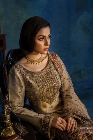 Pakistani Pastel Gold Embellished Silk Blend Sharara (3-Piece) - Image 5