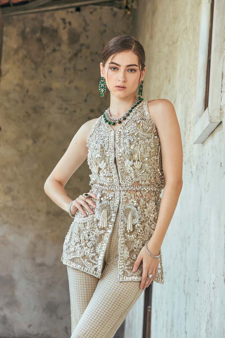 Champagne Embellished Net Sharara Set (2-Piece) - Image 1