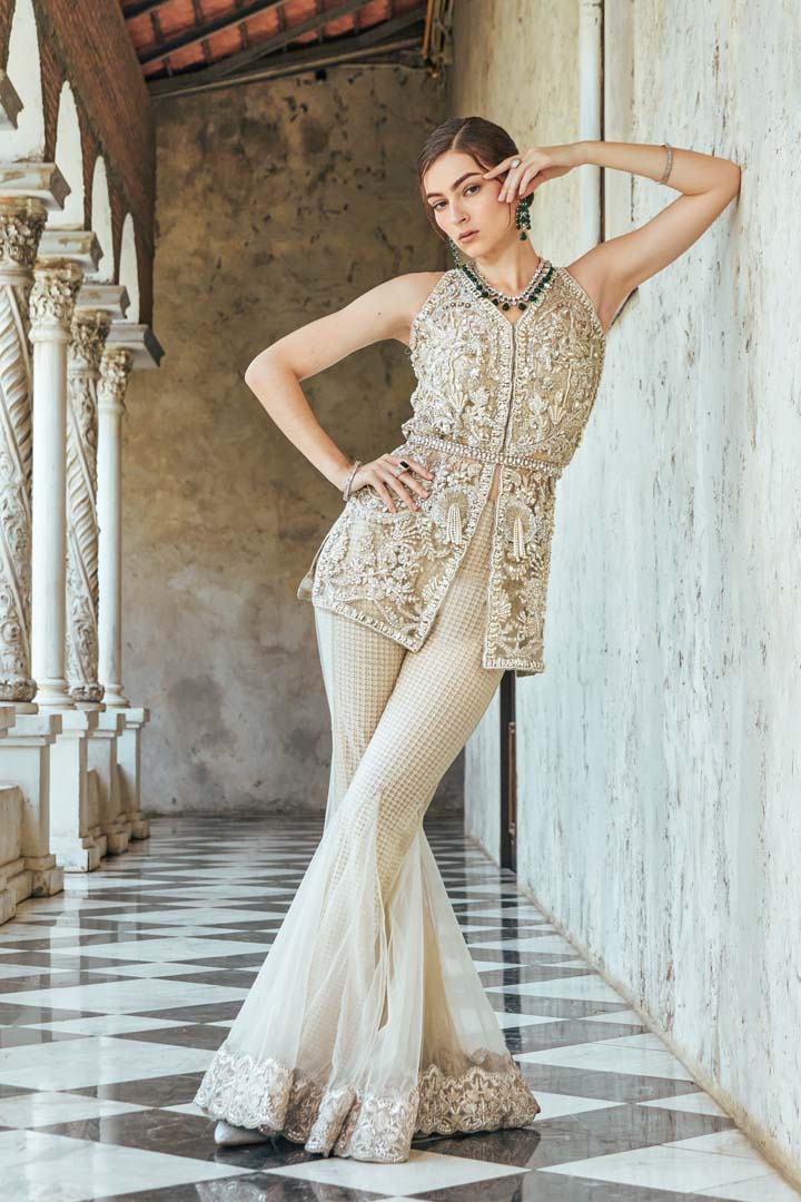 Champagne Embellished Net Sharara Set (2-Piece) - Image 2