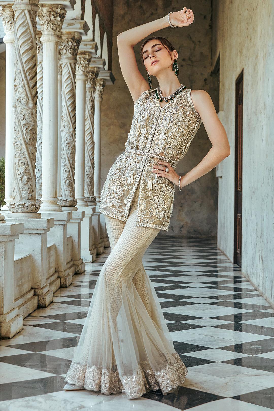 Champagne Embellished Net Sharara Set (2-Piece) - Image 3