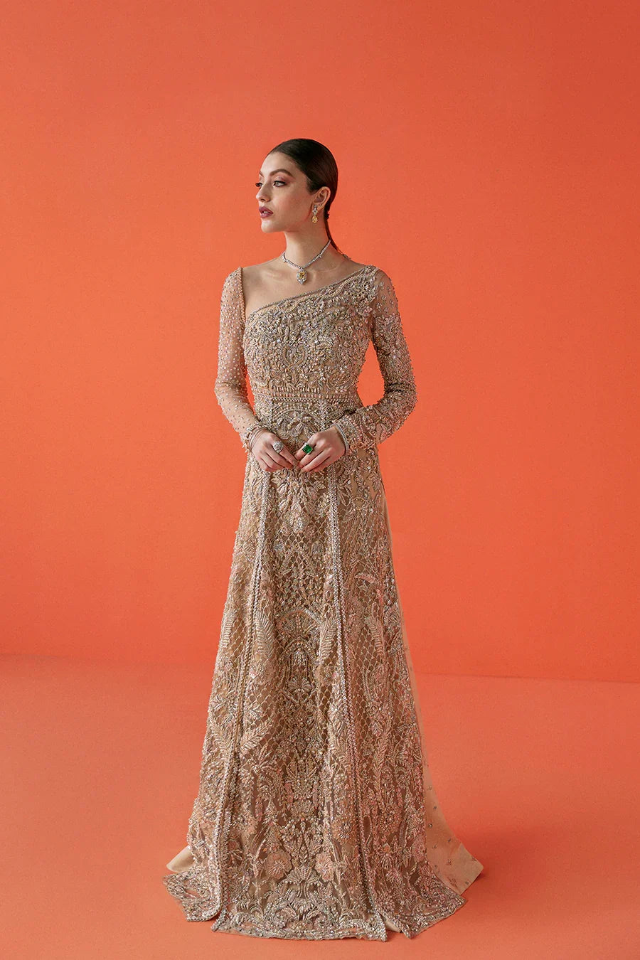 Pakistani Gold Peach Embellished Net Sharara Set (2-Piece) - Image 1