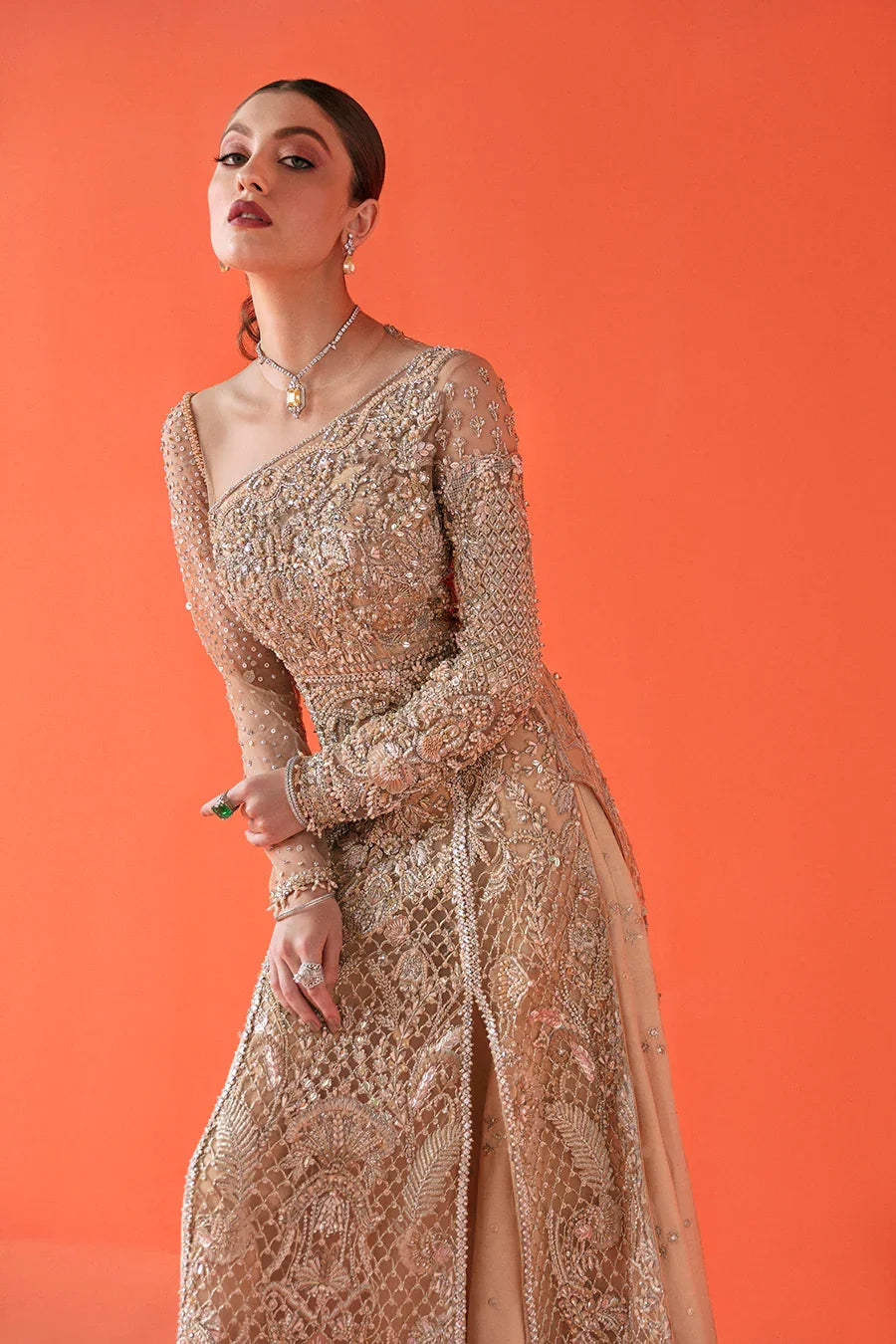 Pakistani Gold Peach Embellished Net Sharara Set (2-Piece) - Image 2