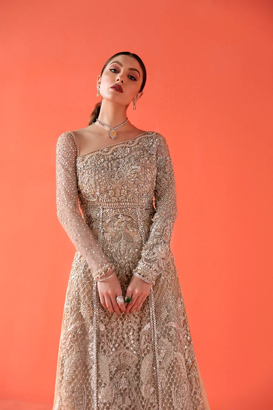 Pakistani Gold Peach Embellished Net Sharara Set (2-Piece) - Image 3