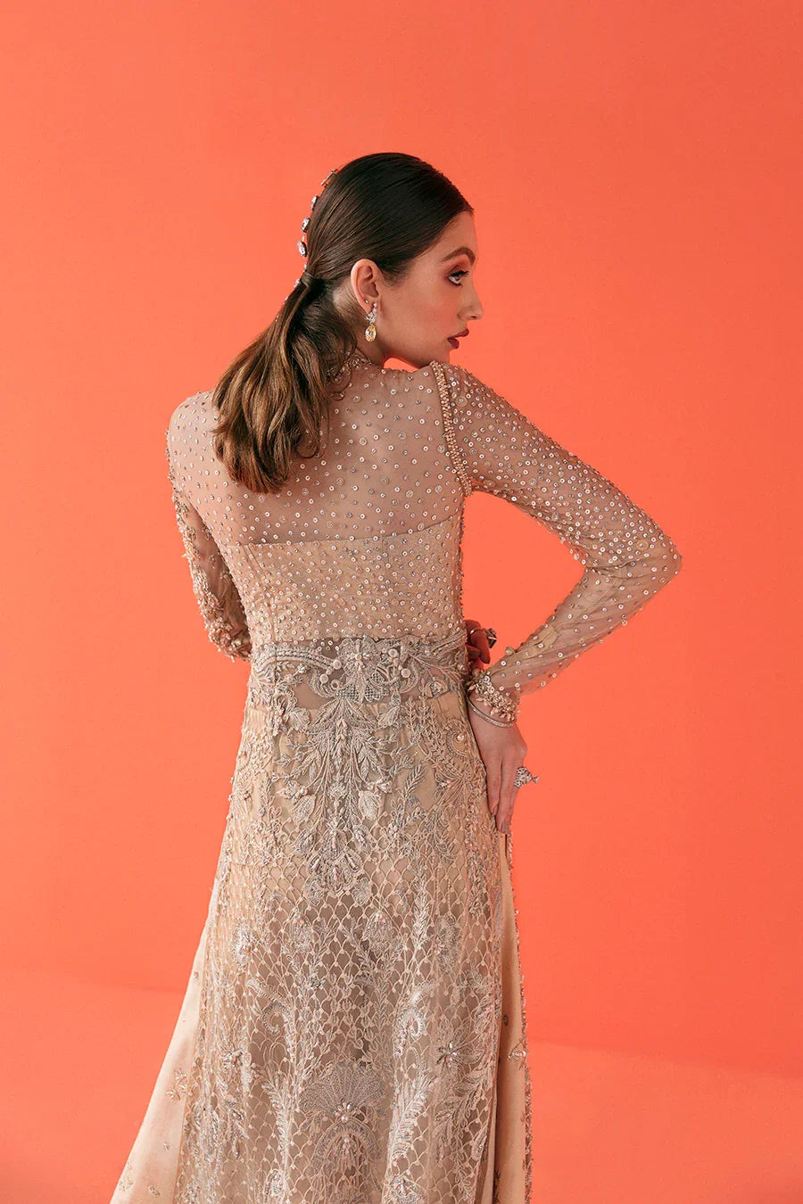 Pakistani Gold Peach Embellished Net Sharara Set (2-Piece) - Image 4