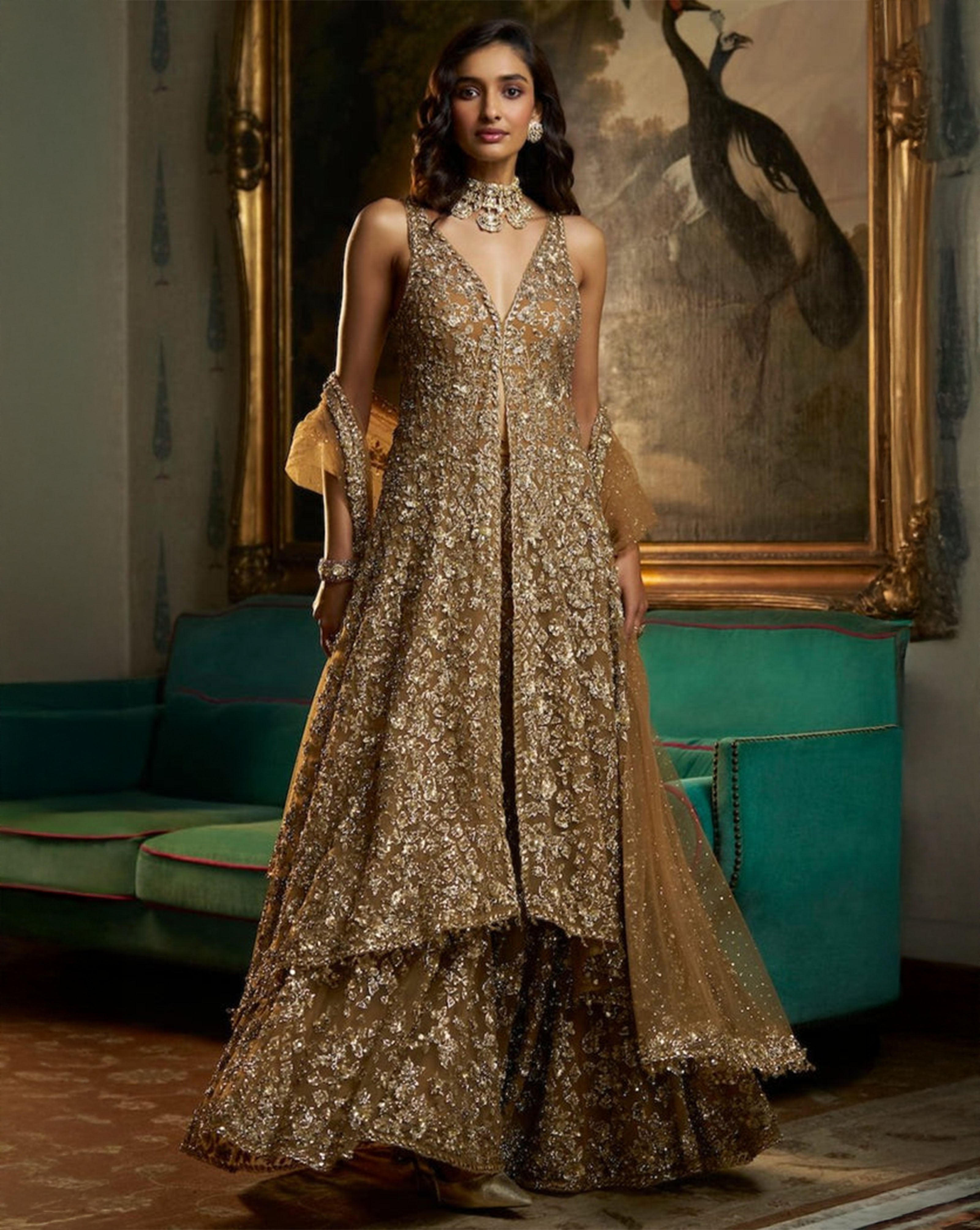 Antique Gold Crystal Embroidered Net Sharara (3-Piece) - Image 1