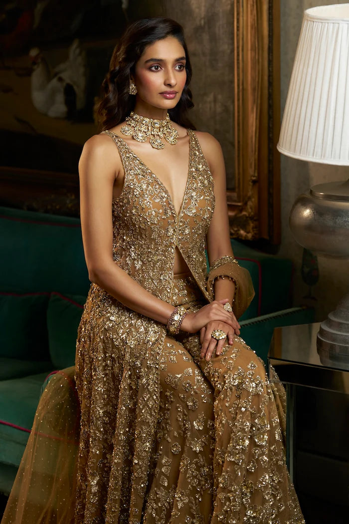 Antique Gold Crystal Embroidered Net Sharara (3-Piece) - Image 3