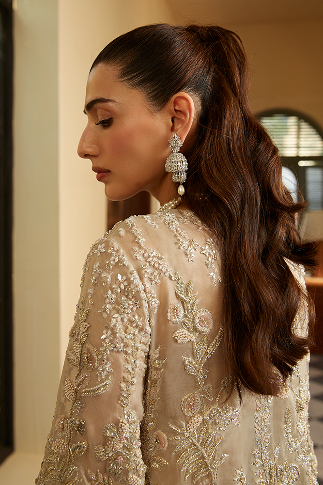 Pakistani Champagne Embellished Net Sharara Set (2-Piece) - Image 7