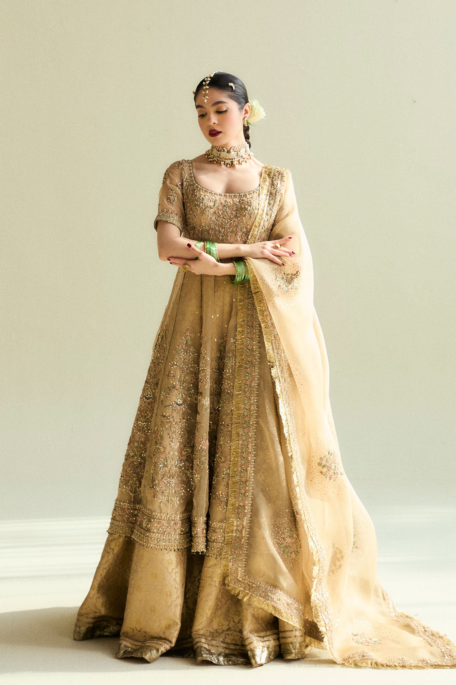 Pakistani Gold Embroidered Organza Peshwas with Kimkhwab Sharara (3-Piece) - Image 1