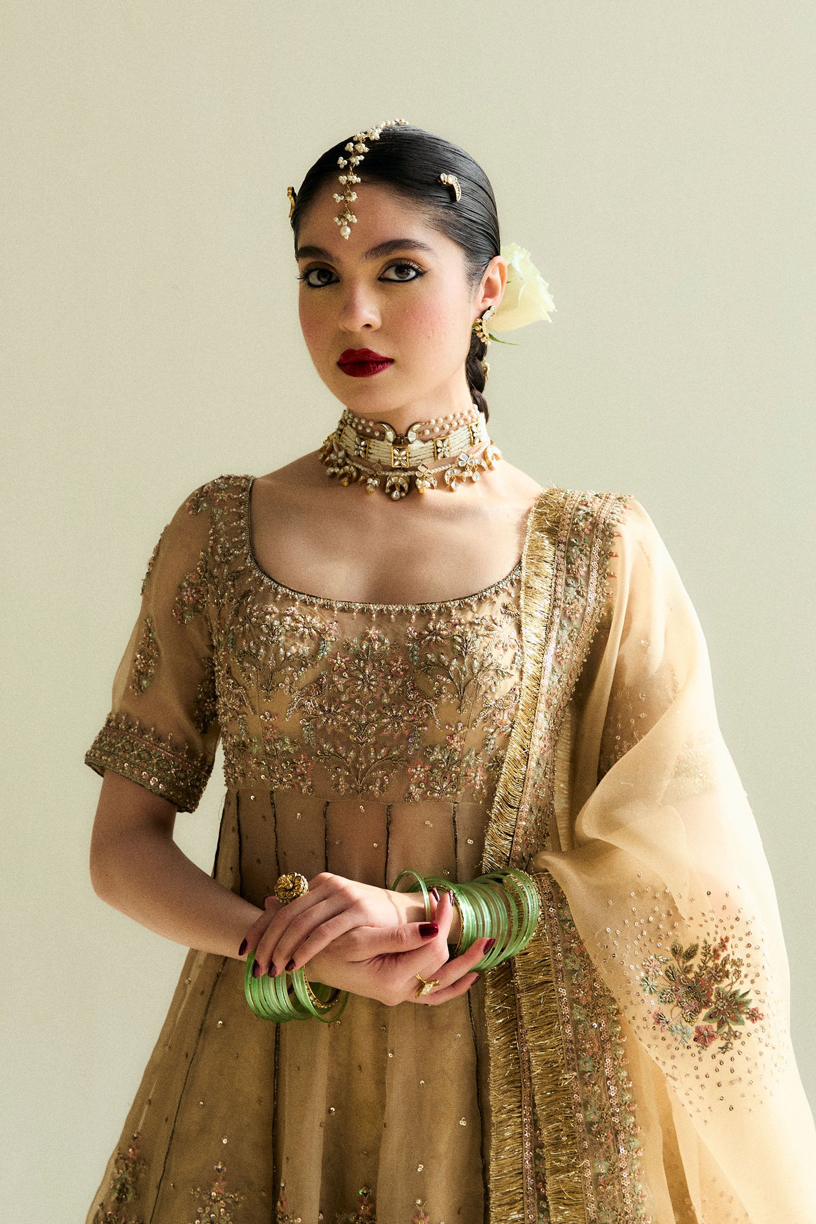 Pakistani Gold Embroidered Organza Peshwas with Kimkhwab Sharara (3-Piece) - Image 2