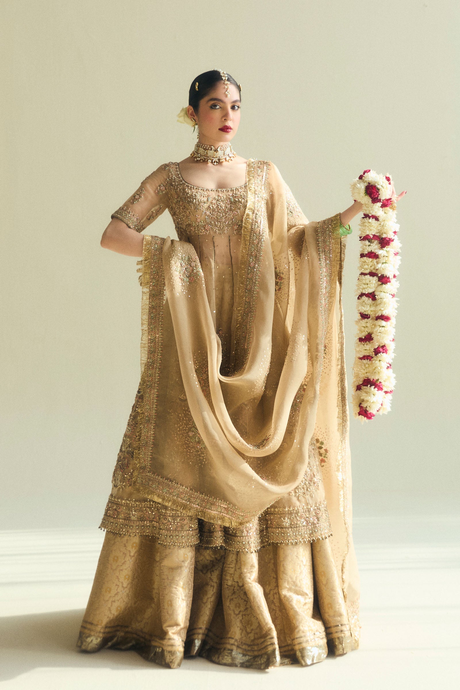 Pakistani Gold Embroidered Organza Peshwas with Kimkhwab Sharara (3-Piece) - Image 3