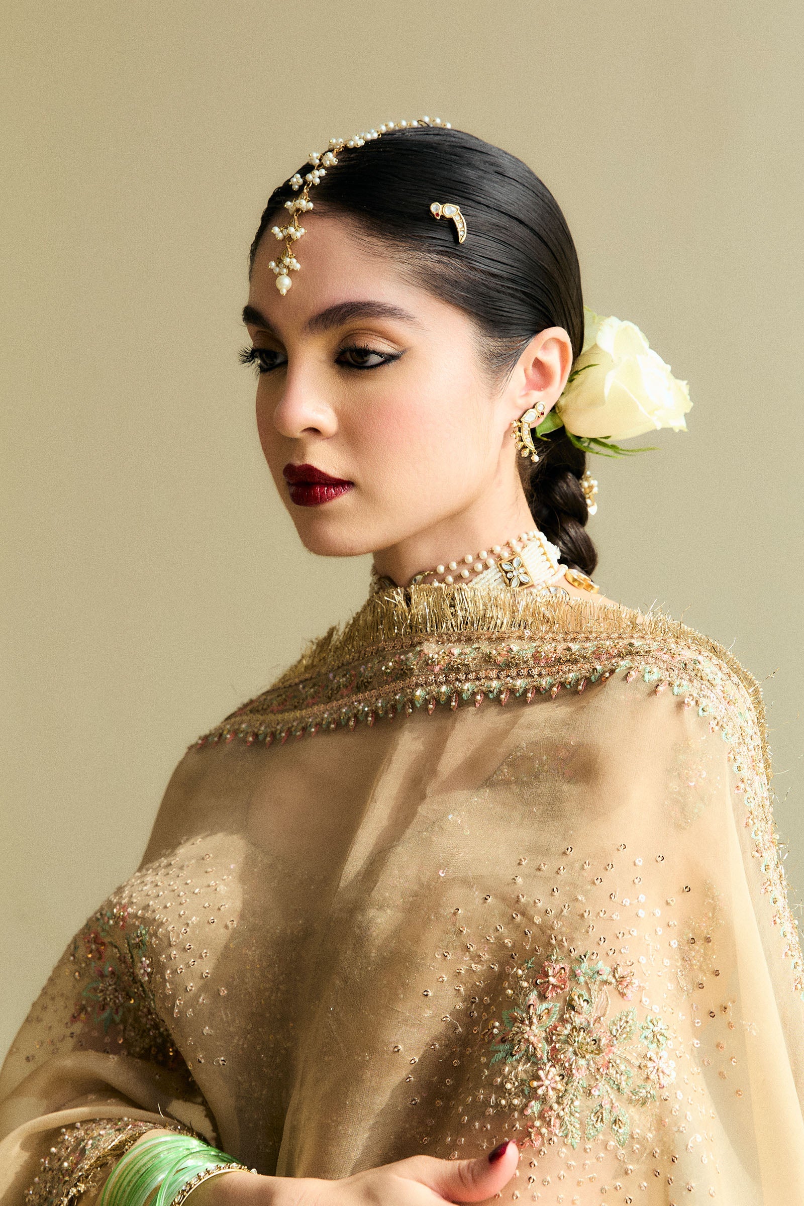 Pakistani Gold Embroidered Organza Peshwas with Kimkhwab Sharara (3-Piece) - Image 4