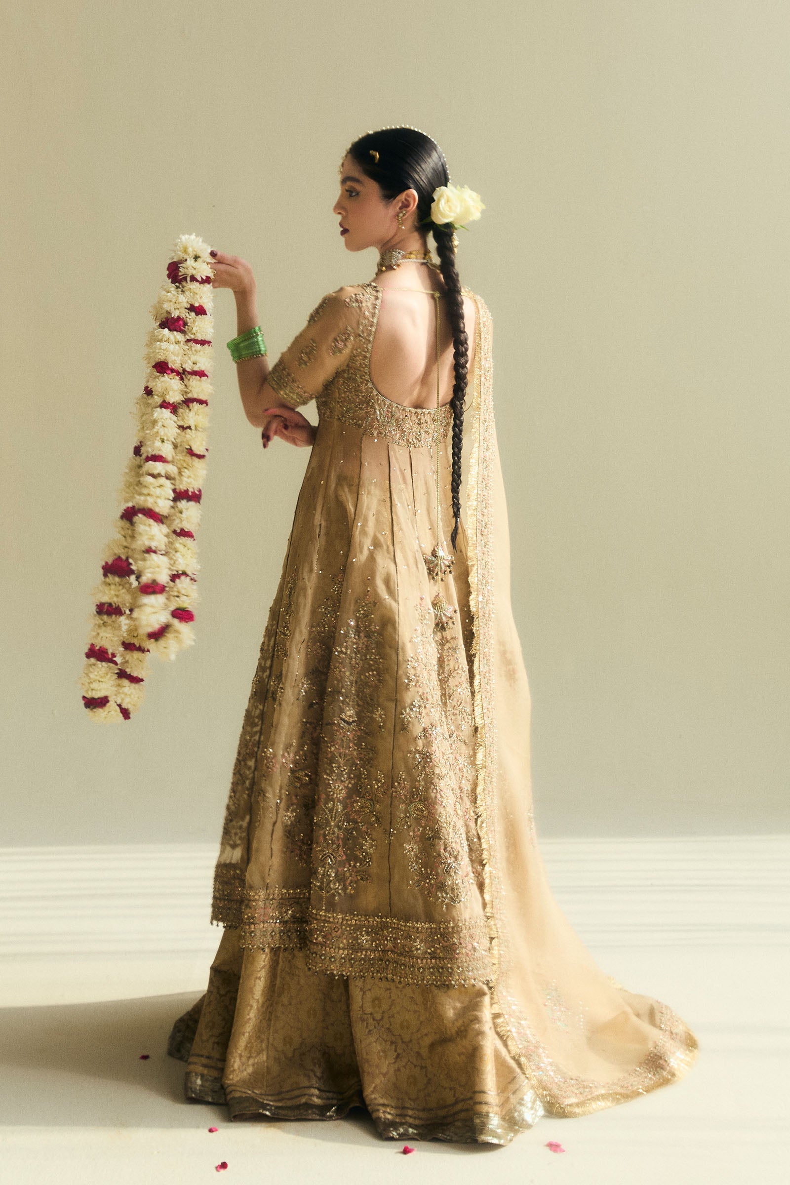 Pakistani Gold Embroidered Organza Peshwas with Kimkhwab Sharara (3-Piece) - Image 5