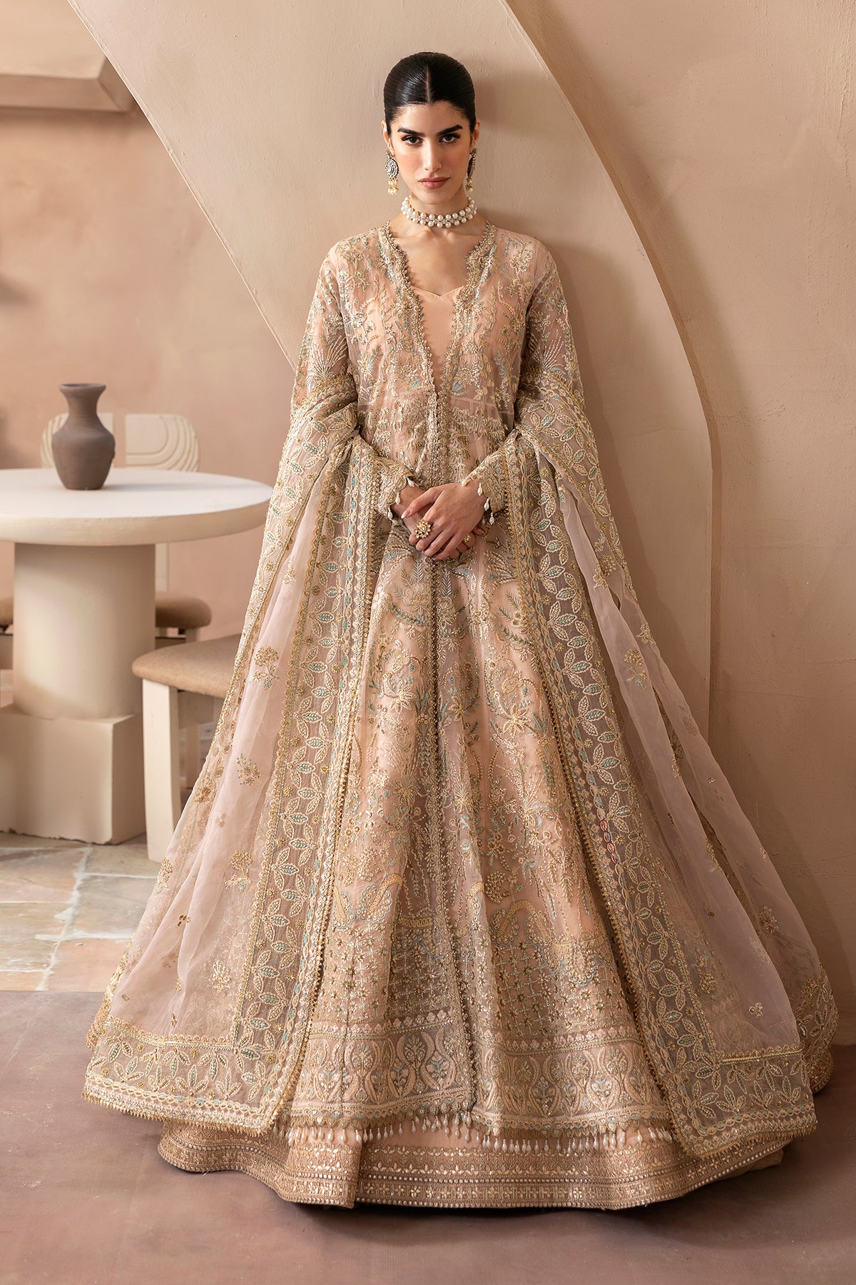 Blush Gold Embroidered Organza Bridal Sharara (3-Piece) - Image 1