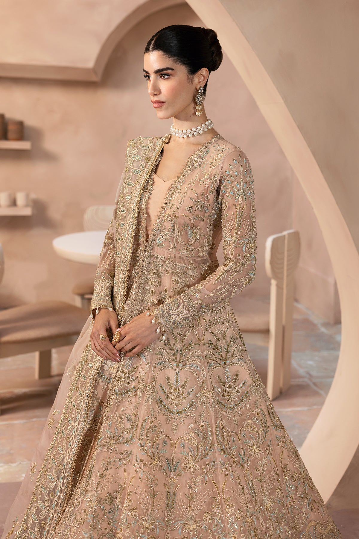 Blush Gold Embroidered Organza Bridal Sharara (3-Piece) - Image 3