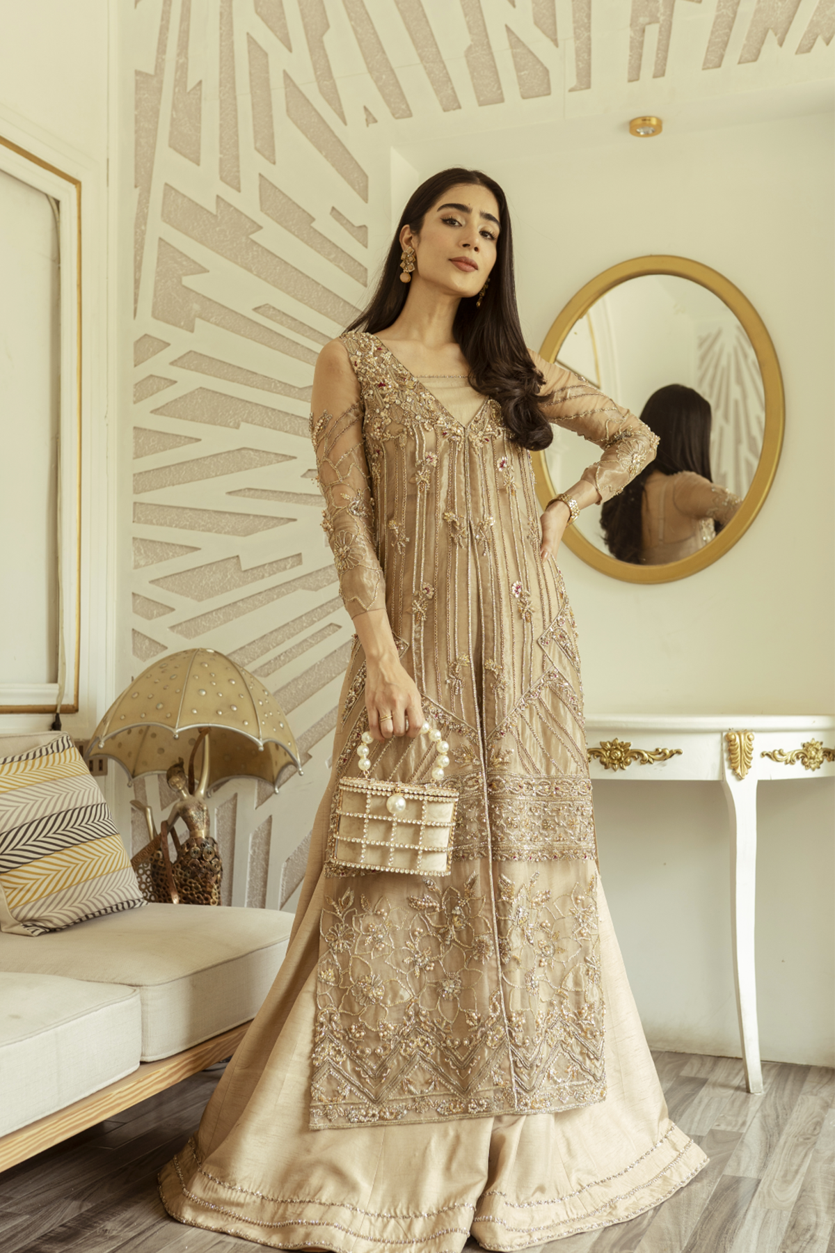 Pakistani Dull Gold Embellished Organza Gown with Raw Silk Sharara (2-Piece) - Image 1