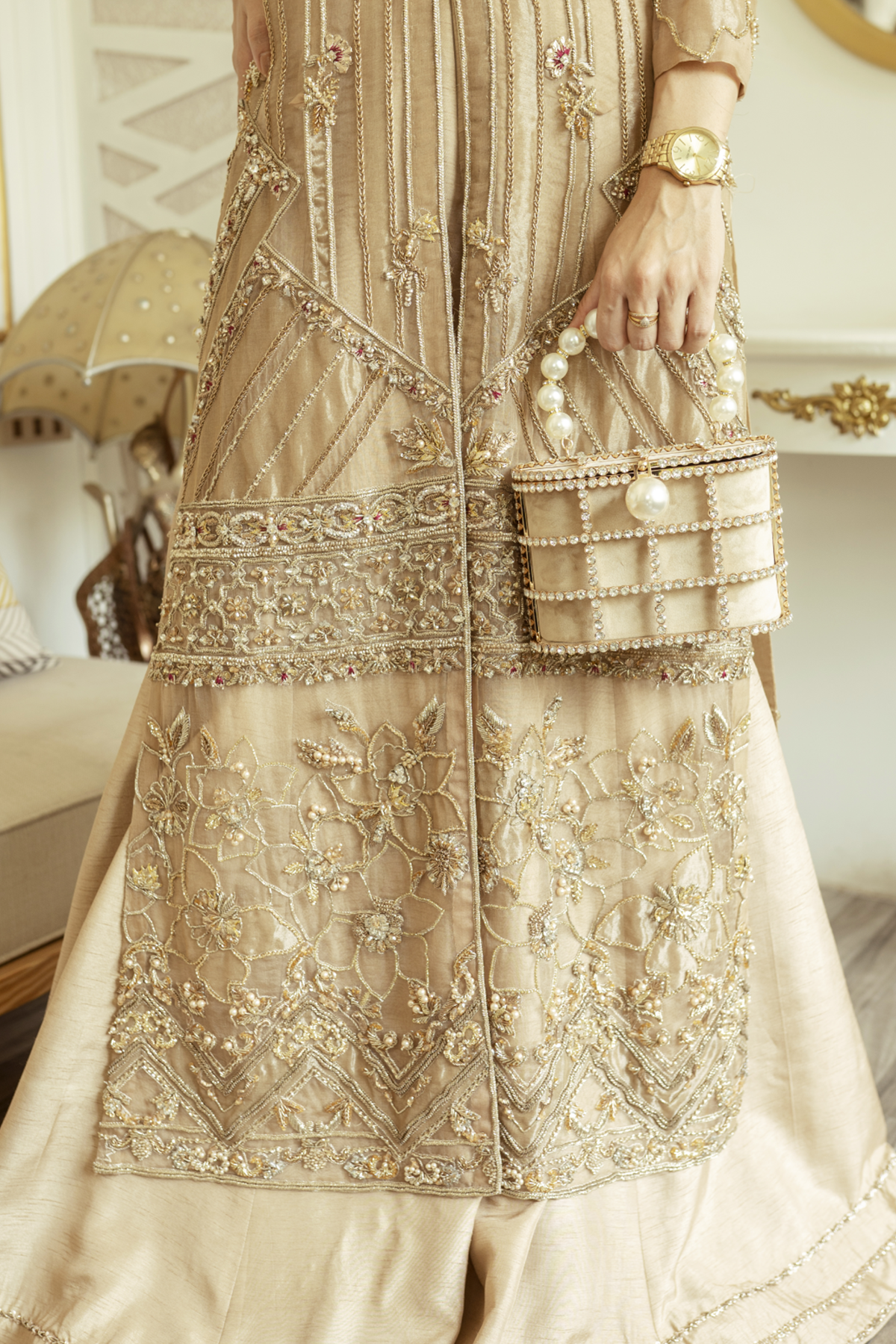 Pakistani Dull Gold Embellished Organza Gown with Raw Silk Sharara (2-Piece) - Image 3