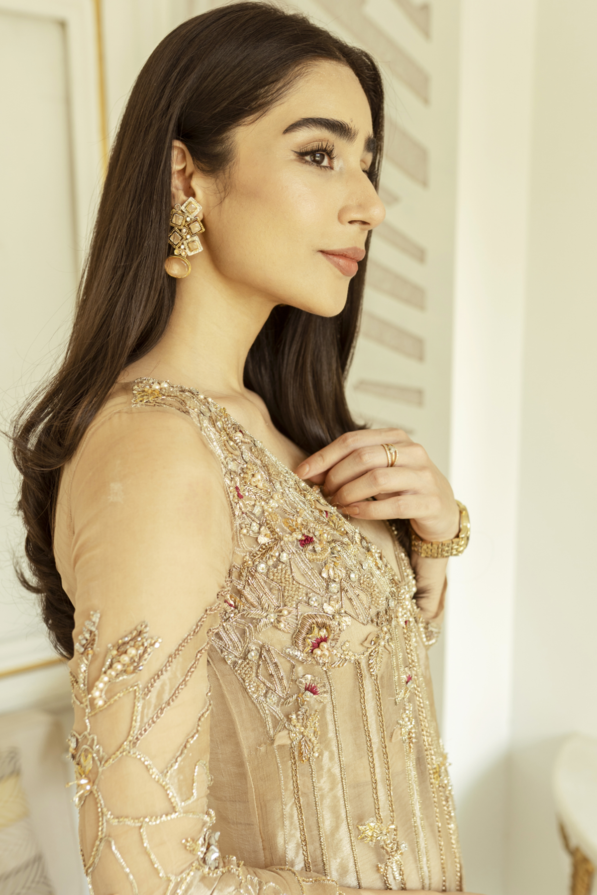 Pakistani Dull Gold Embellished Organza Gown with Raw Silk Sharara (2-Piece) - Image 4