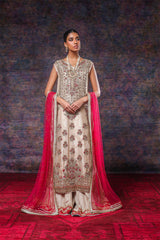 Gold Beige Embroidered Organza Sharara (3-Piece) - Image 2