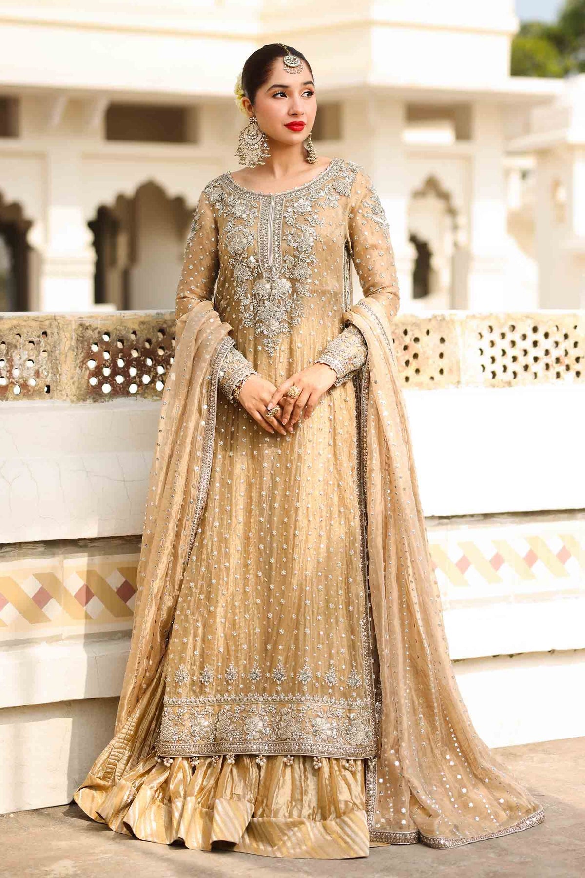 Gold Embroidered Pure Tissue Sharara Set (3-Piece) - Image 1