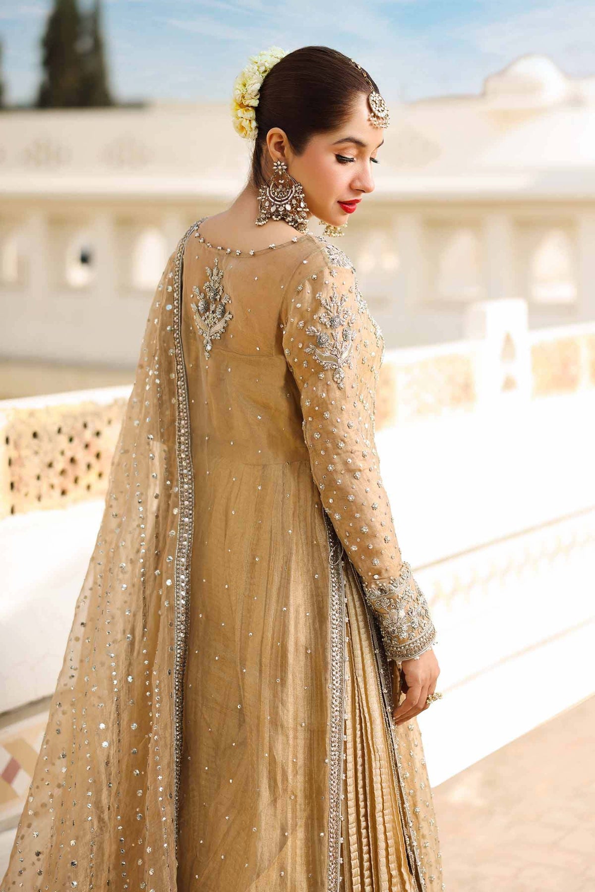 Gold Embroidered Pure Tissue Sharara Set (3-Piece) - Image 10