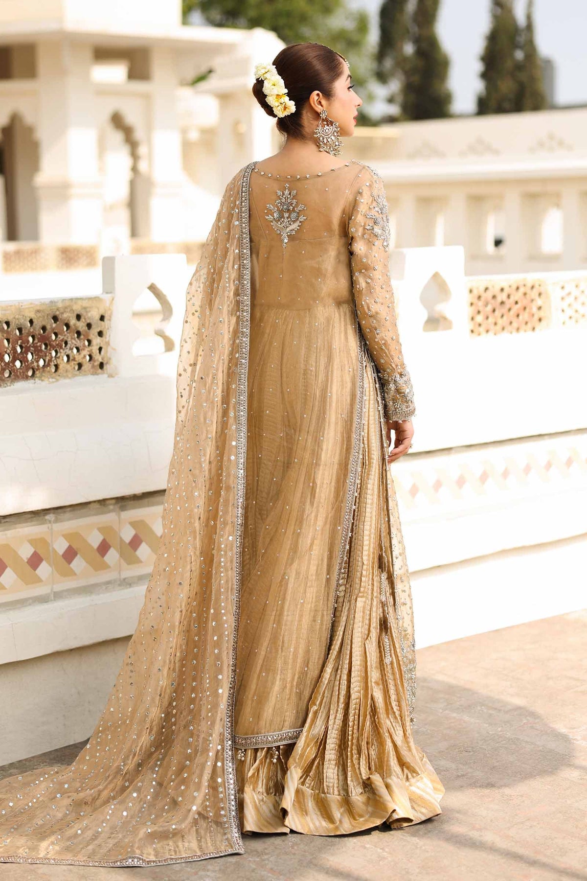 Gold Embroidered Pure Tissue Sharara Set (3-Piece) - Image 11