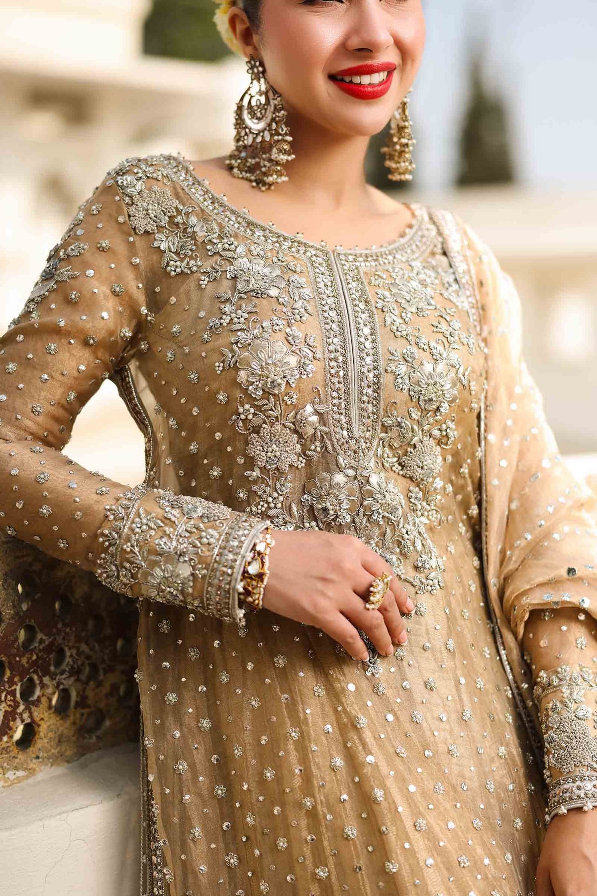 Gold Embroidered Pure Tissue Sharara Set (3-Piece) - Image 5